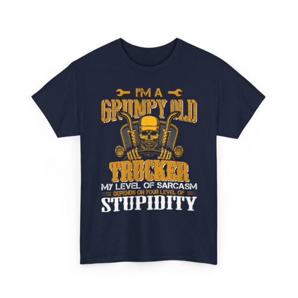 Unisex t-shirt from Twisted Angell with the sarcastic phrase “I'm A Grumpy Old Trucker, My Level Of Sarcasm Depends On Your Level Of Stupidity” printed on the front.