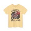 Unisex t-shirt from Twisted Angell with the sarcastic phrase “I Deliver All Night Long - Santa On Motorcycle” printed on the front.