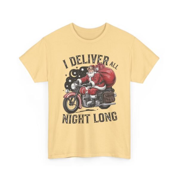 Unisex t-shirt from Twisted Angell with the sarcastic phrase “I Deliver All Night Long - Santa On Motorcycle” printed on the front.