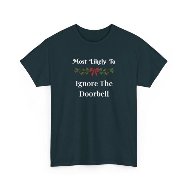 Unisex t-shirt from Twisted Angell with the sarcastic phrase “Most Likely To Ignore The Doorbell” printed on the front.