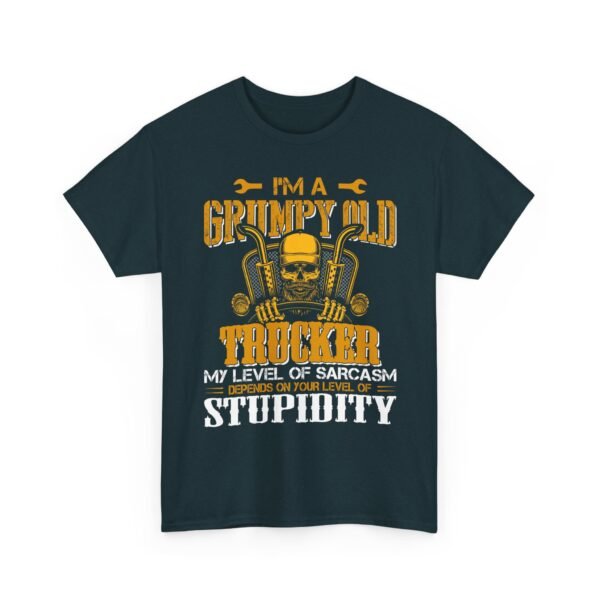 Unisex t-shirt from Twisted Angell with the sarcastic phrase “I'm A Grumpy Old Trucker, My Level Of Sarcasm Depends On Your Level Of Stupidity” printed on the front.