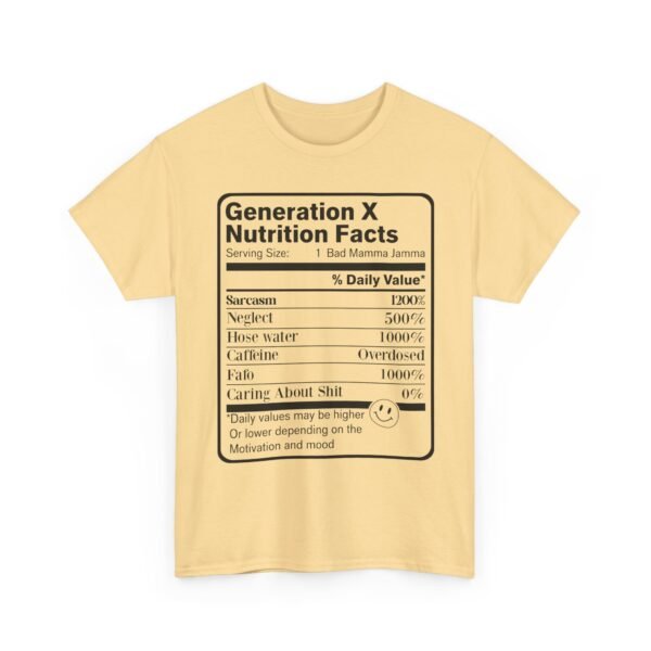 Unisex t-shirt from Twisted Angell with the sarcastic phrase “Generation X Nutrition Facts” printed on the front.