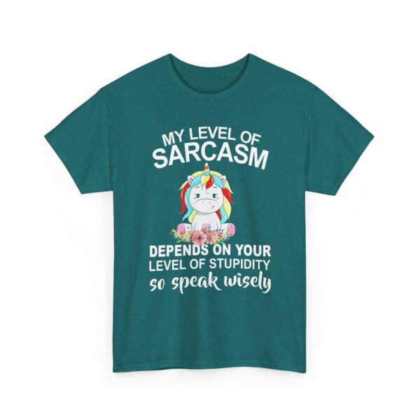 Unisex t-shirt from Twisted Angell with the sarcastic phrase “My Level Of Sarcasm Depends On Your Level Of Stupidity So Speak Wisely” printed on the front.