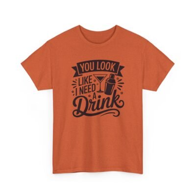 Unisex t-shirt from Twisted Angell with the sarcastic phrase “You Look Like I Need A Drink” printed on the front.