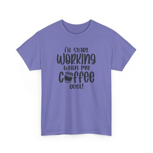 Unisex t-shirt from Twisted Angell with the sarcastic phrase “I'll Start Working When My Coffee Does” printed on the front.