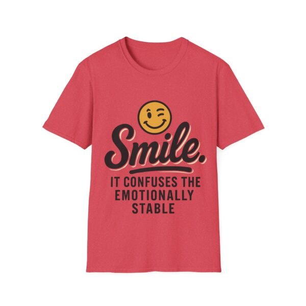 Unisex t-shirt from Twisted Angell with the sarcastic phrase “Smile. It confuses the emotionally stable” printed on the front.