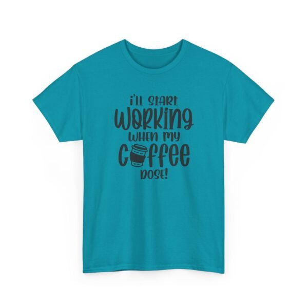 Unisex t-shirt from Twisted Angell with the sarcastic phrase “I'll Start Working When My Coffee Does” printed on the front.
