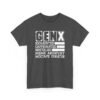 Unisex t-shirt from Twisted Angell with the sarcastic phrase “Gen X: Exhausted, Caffeinated, Nostalgic, Meme Archivist, Mixtape Curator” printed on the front.