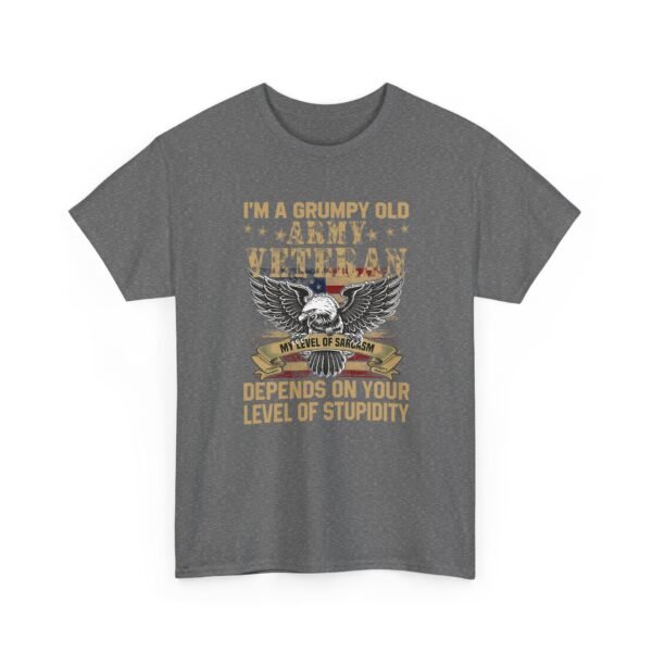 Unisex t-shirt from Twisted Angell with the sarcastic phrase “I'm A Grumpy Old Army Veteran, My Level Of Sarcasm Depends On Your Level Of Stupidity” printed on the front.