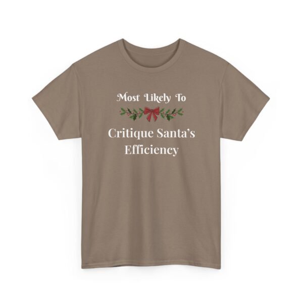 Unisex t-shirt from Twisted Angell with the sarcastic phrase “Most Likely To Critique Santa's Efficiency” printed on the front.