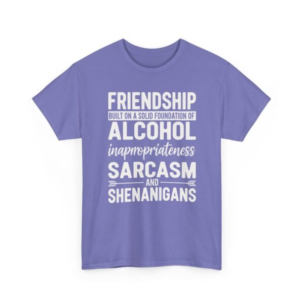 Unisex t-shirt from Twisted Angell with the sarcastic phrase “Friendship Built on Alcohol, Inappropriateness, Sarcasm and Shenanigans” printed on the front.