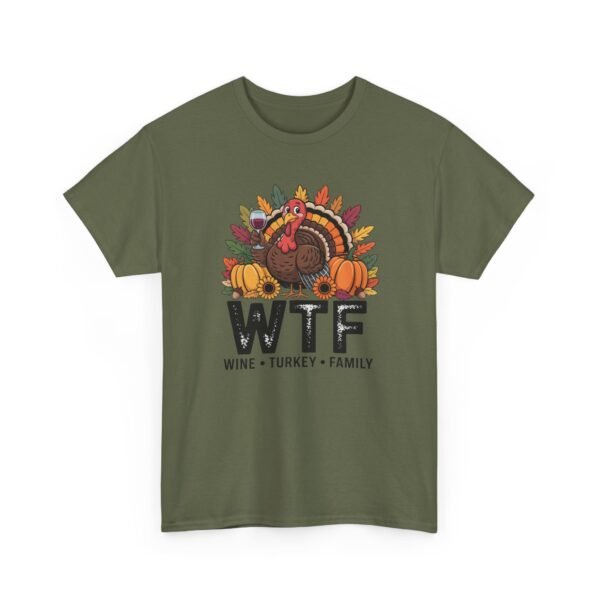 17770412774272929629_2048-1.jpeg Unisex t-shirt from Twisted Angell with the sarcastic phrase “WTF: Wine, Turkey, Family” printed on the front.