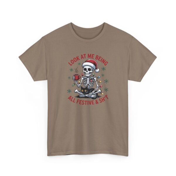 Unisex t-shirt from Twisted Angell with the sarcastic phrase “Look At Me Being All Festive And Shit” printed on the front.