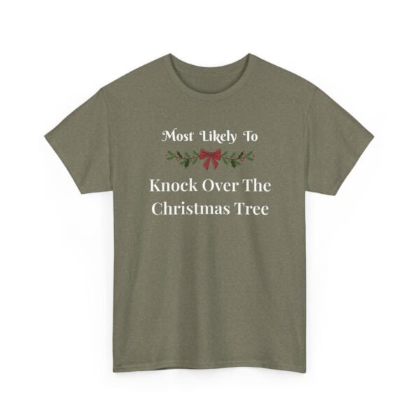 Unisex t-shirt from Twisted Angell with the sarcastic phrase “Most Likely To Knock Over The Christmas Tree” printed on the front.