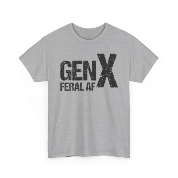 Unisex t-shirt from Twisted Angell with the sarcastic phrase “Gen X Feral AF” printed on the front.