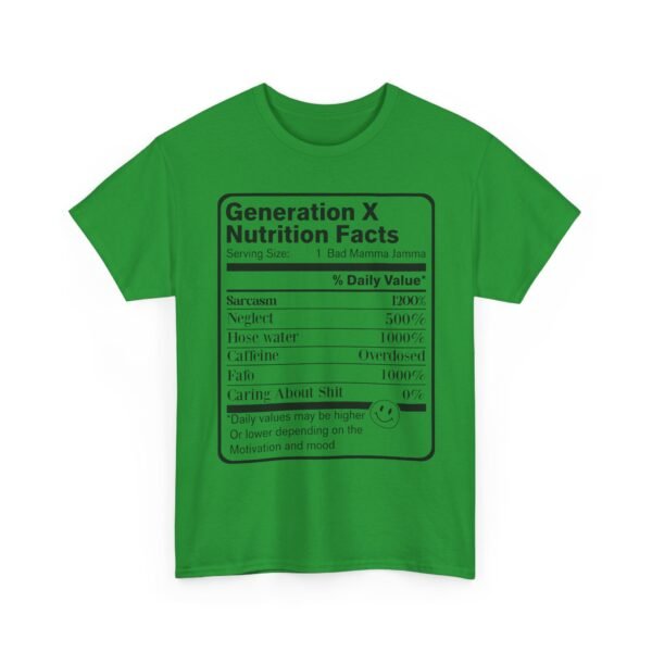 Unisex t-shirt from Twisted Angell with the sarcastic phrase “Generation X Nutrition Facts” printed on the front.