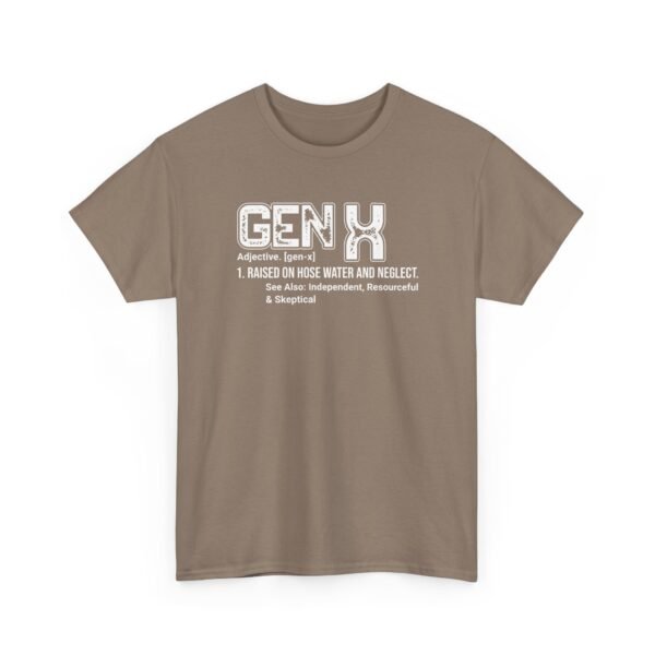 Unisex t-shirt from Twisted Angell with the sarcastic phrase “Gen X Definition - Adj - Raised On Hose Water & Neglect” printed on the front.