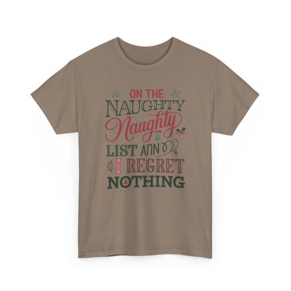 Unisex t-shirt from Twisted Angell with the sarcastic phrase “On The Naughty Naughty List and Regret Nothing” printed on the front.