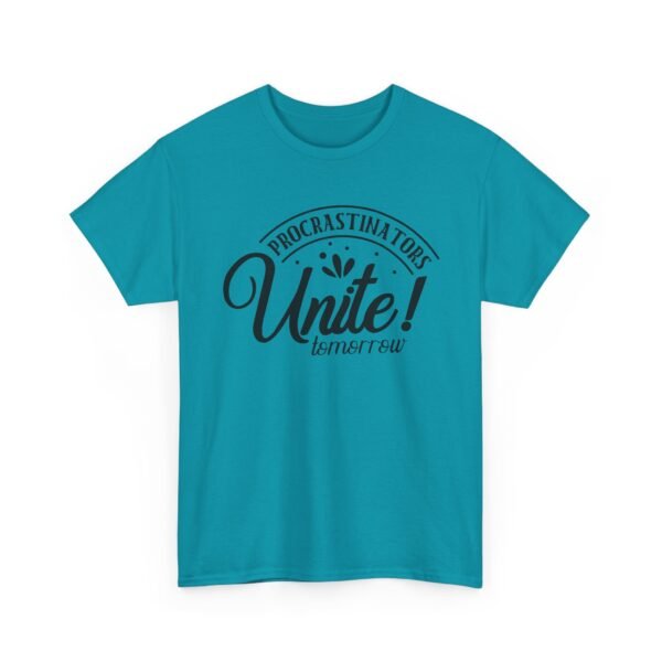 Unisex t-shirt from Twisted Angell with the sarcastic phrase “Procrastinators Unite Tomorrow” printed on the front.