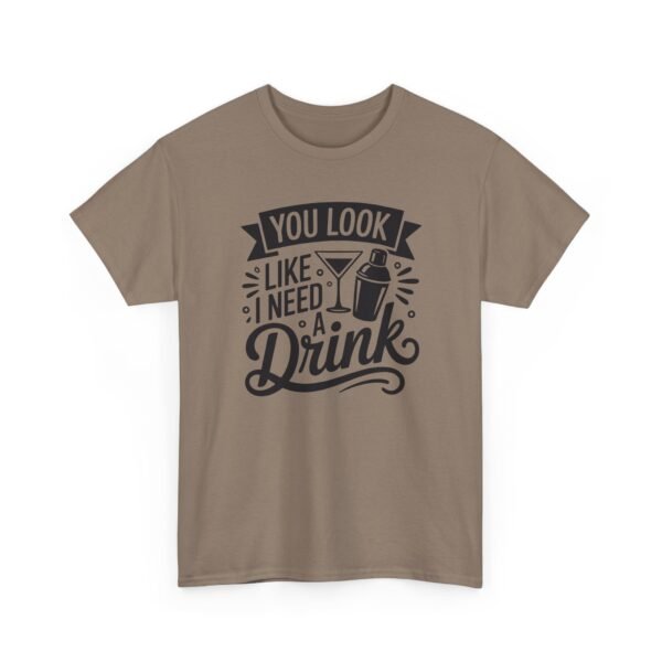 Unisex t-shirt from Twisted Angell with the sarcastic phrase “You Look Like I Need A Drink” printed on the front.