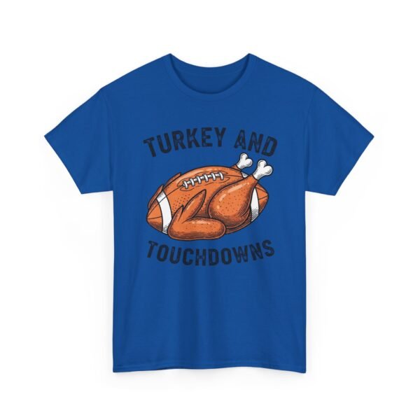 Unisex t-shirt from Twisted Angell with the sarcastic phrase “Turkey and Touchdowns” printed on the front.