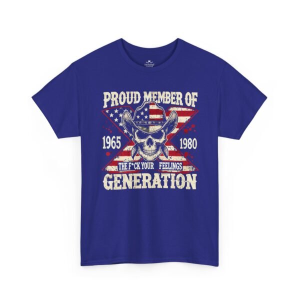 18246334149824522711_2048.jpeg Unisex t-shirt from Twisted Angell with the sarcastic phrase “Proud Member of the 1965–1980 Generation X — Skull & American Flag” printed on the front.