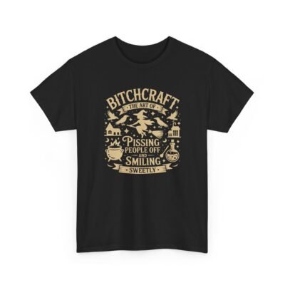 Unisex t-shirt from Twisted Angell with the sarcastic phrase “Bitchcraft, The Art Of Pissing. People Off And Smiling Sweetly” printed on the front.