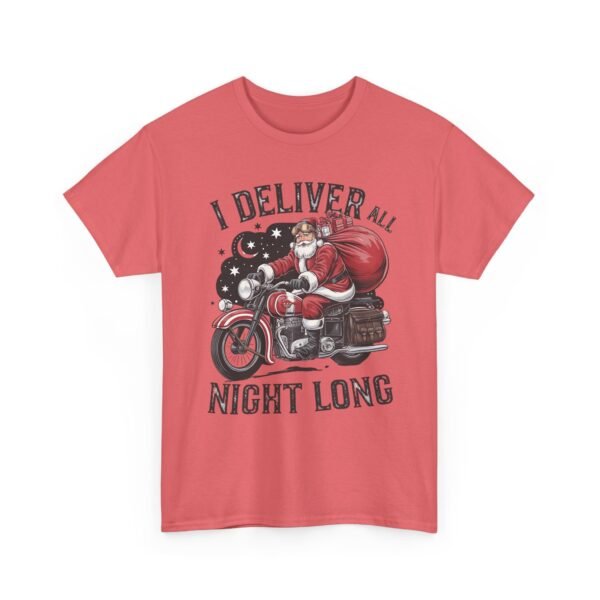 Unisex t-shirt from Twisted Angell with the sarcastic phrase “I Deliver All Night Long - Santa On Motorcycle” printed on the front.