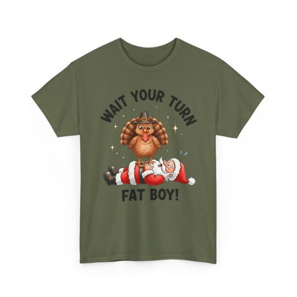 Unisex t-shirt from Twisted Angell with the sarcastic phrase “Wait Your Turn Fat Boy” printed on the front.