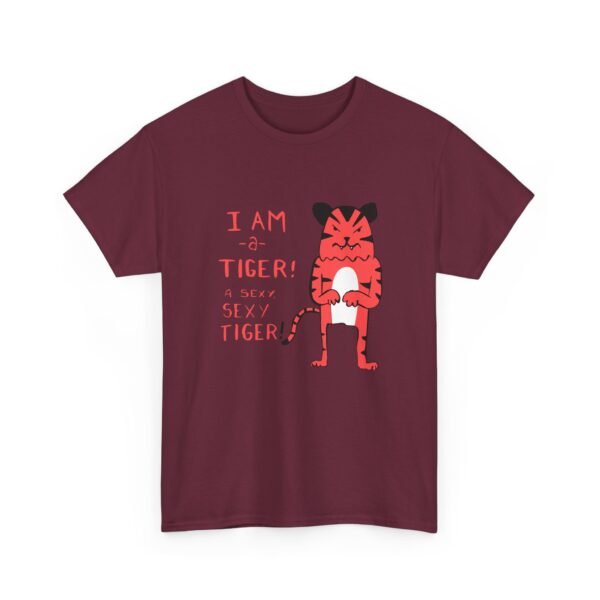 Unisex t-shirt from Twisted Angell with the sarcastic phrase “I Am a Tiger, A Sexy, Sexy Tiger” printed on the front.