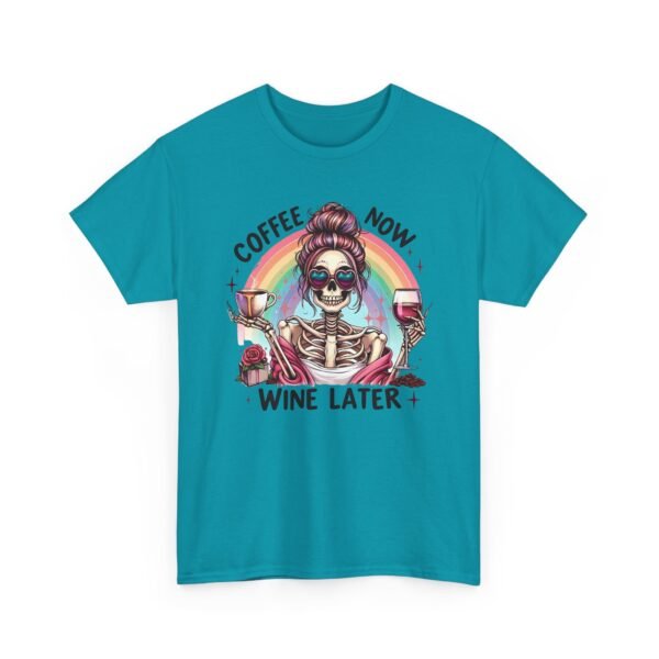 Unisex t-shirt from Twisted Angell with the sarcastic phrase “Coffee Now, Wine Later” printed on the front.