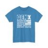 Unisex t-shirt from Twisted Angell with the sarcastic phrase “Gen X: Exhausted, Caffeinated, Nostalgic, Meme Archivist, Mixtape Curator” printed on the front.