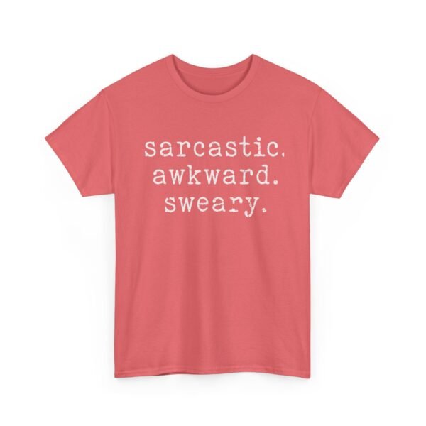 Unisex t-shirt from Twisted Angell with the sarcastic phrase “Sarcastic Awkward Sweary” printed on the front.