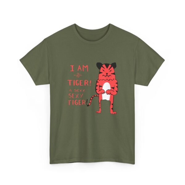 Unisex t-shirt from Twisted Angell with the sarcastic phrase “I Am a Tiger, A Sexy, Sexy Tiger” printed on the front.