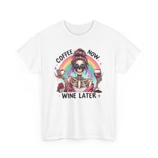 Unisex t-shirt from Twisted Angell with the sarcastic phrase “Coffee Now, Wine Later” printed on the front.