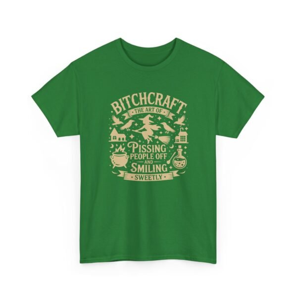 Unisex t-shirt from Twisted Angell with the sarcastic phrase “Bitchcraft, The Art Of Pissing. People Off And Smiling Sweetly” printed on the front.
