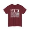 Unisex t-shirt from Twisted Angell with the sarcastic phrase “Gen X: Exhausted, Caffeinated, Nostalgic, Meme Archivist, Mixtape Curator” printed on the front.