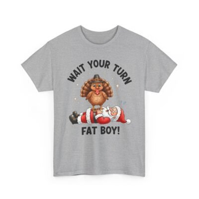 Unisex t-shirt from Twisted Angell with the sarcastic phrase “Wait Your Turn Fat Boy” printed on the front.