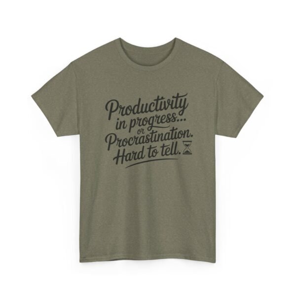 Unisex t-shirt from Twisted Angell with the sarcastic phrase “Productivity in progress... Procrastination. Hard to tell” printed on the front.