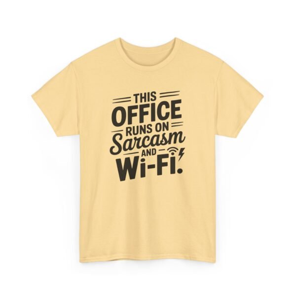 Unisex t-shirt from Twisted Angell with the sarcastic phrase “Sarcasm & Wi‑Fi Office” printed on the front.