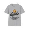 Unisex t-shirt from Twisted Angell with the sarcastic phrase “Smile. It confuses the emotionally stable” printed on the front.