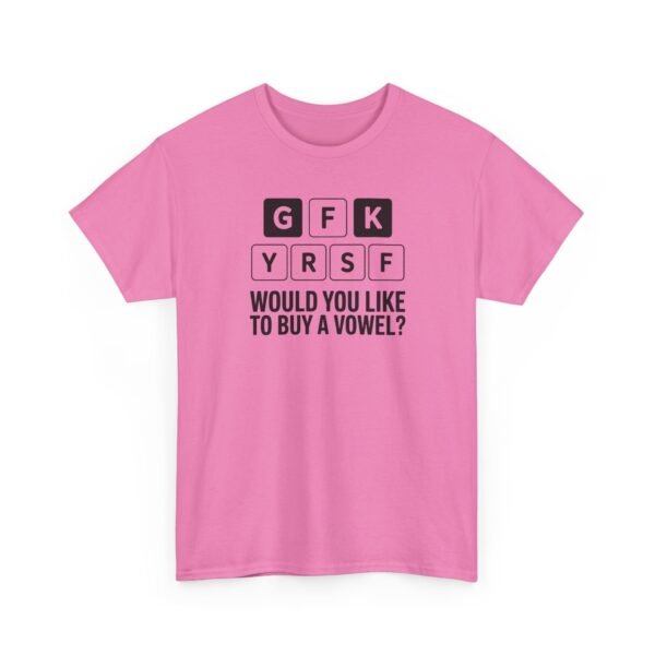Unisex t-shirt from Twisted Angell with the sarcastic phrase “Would You Like to Buy a Vowel?” printed on the front.