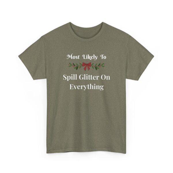 Unisex t-shirt from Twisted Angell with the sarcastic phrase “Most Likely To Spill Glitter On Everything” printed on the front.