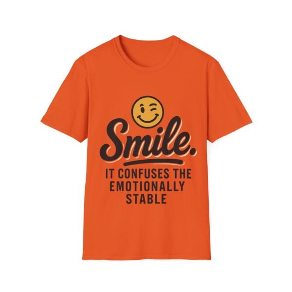 Unisex t-shirt from Twisted Angell with the sarcastic phrase “Smile. It confuses the emotionally stable” printed on the front.