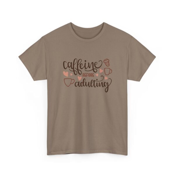 Unisex t-shirt from Twisted Angell with the sarcastic phrase “Caffeine Before Adulting” printed on the front.