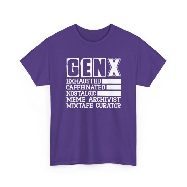 Unisex t-shirt from Twisted Angell with the sarcastic phrase “Gen X: Exhausted, Caffeinated, Nostalgic, Meme Archivist, Mixtape Curator” printed on the front.
