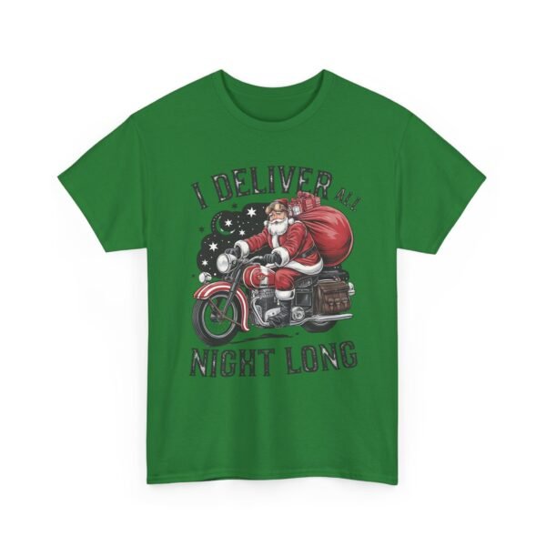 Unisex t-shirt from Twisted Angell with the sarcastic phrase “I Deliver All Night Long - Santa On Motorcycle” printed on the front.