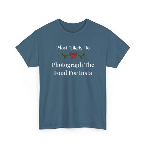 Unisex t-shirt from Twisted Angell with the sarcastic phrase “Most Likely To Photograph The Food For Insta” printed on the front.