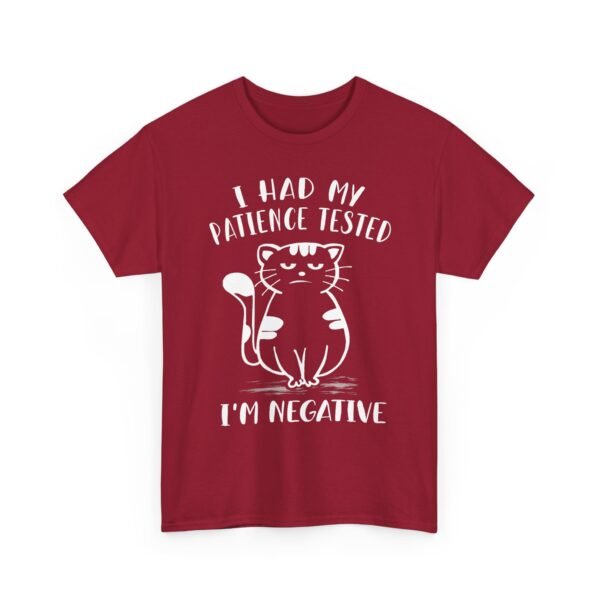 Unisex t-shirt from Twisted Angell with the sarcastic phrase “I Had My Patience Tested, I'm Negative” printed on the front.