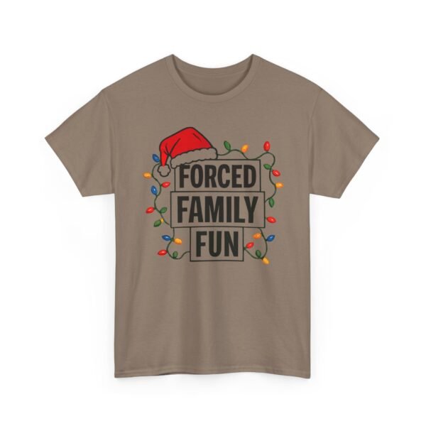 Unisex t-shirt from Twisted Angell with the sarcastic phrase “Forced Family Fun” printed on the front.